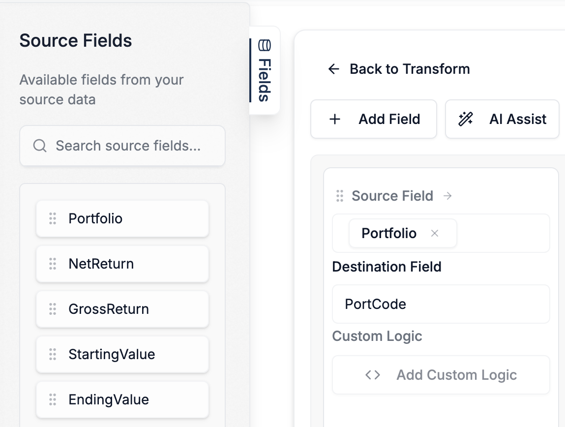 A screenshot of the DataFlowMapper visual mapping interface, showing source and destination headers being mapped.