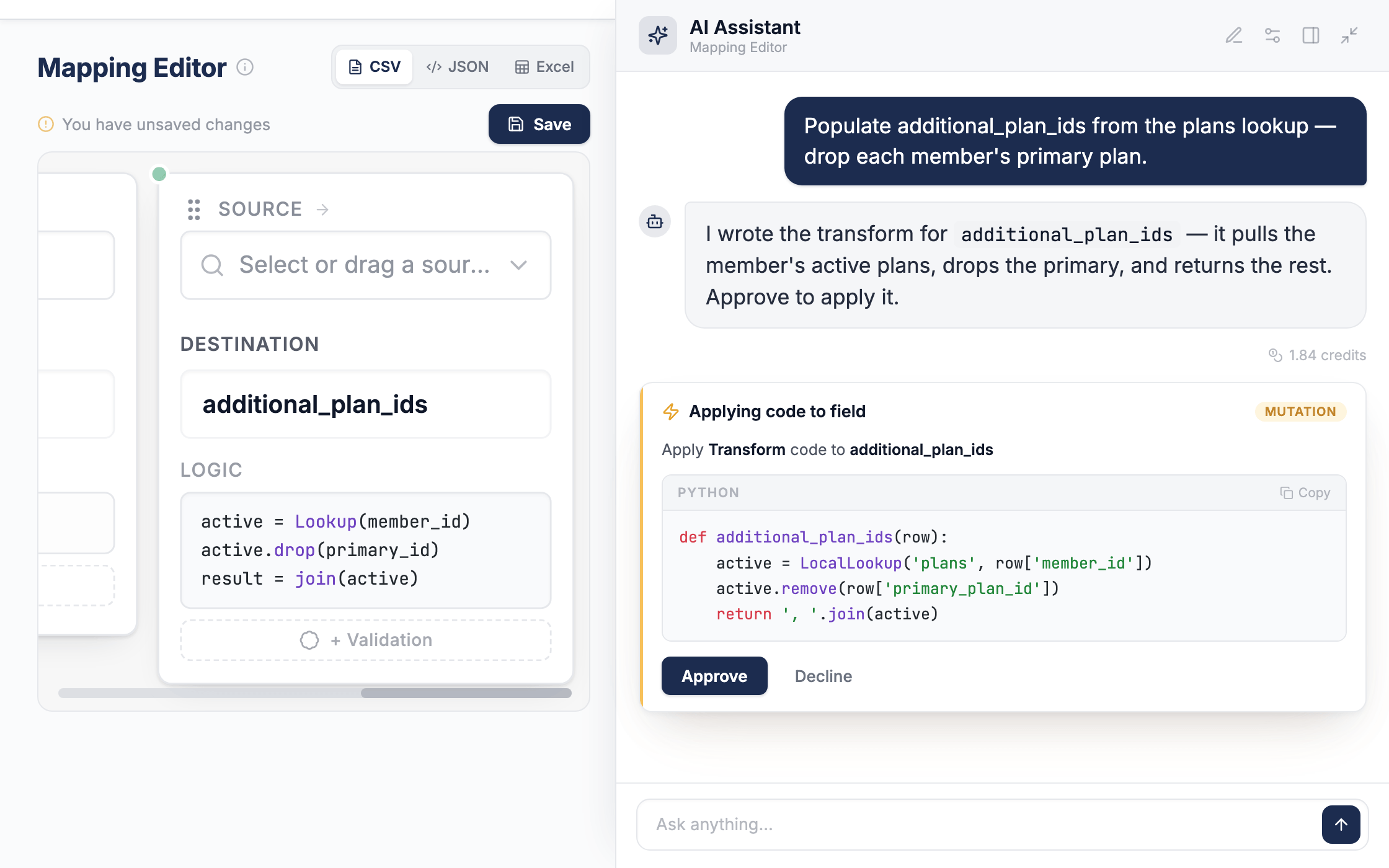 DataFlowMapper AI Copilot building a mapping with an approval card