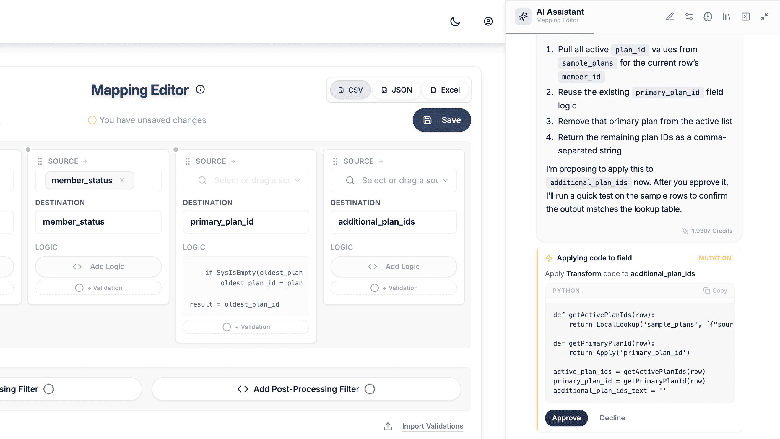 DataFlowMapper mapping editor showing source-to-destination field mappings with the AI chat agent automating mapping creation