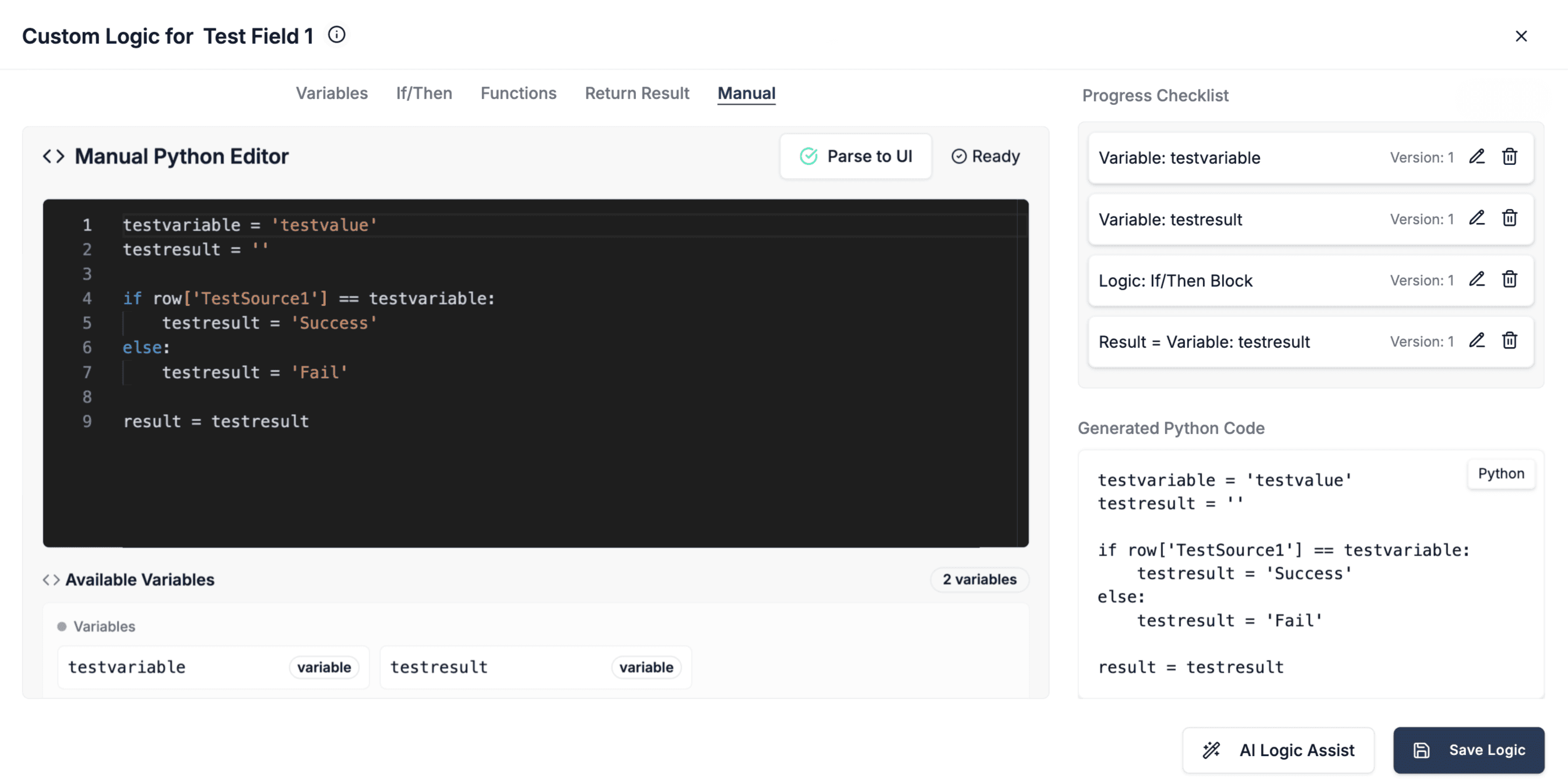 Image of DataFlowMapper's manual tab which is used to seamlessly switch between visual and code-first logic