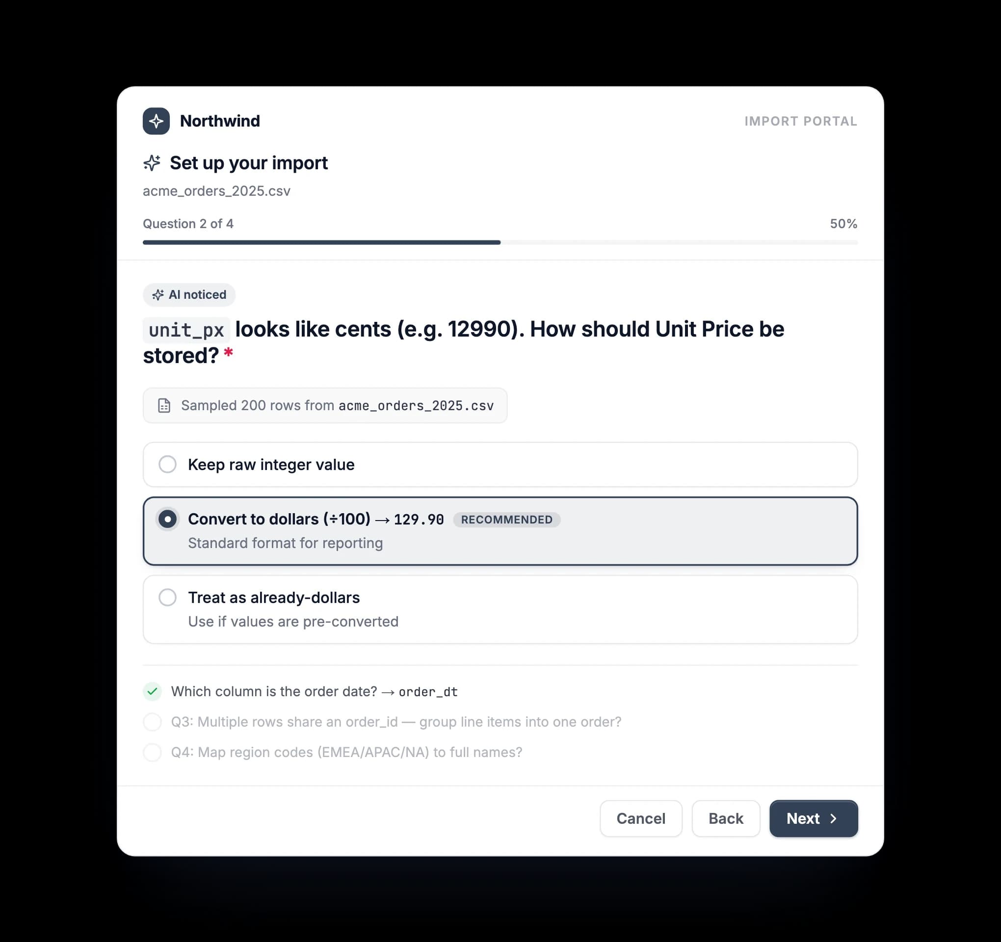 Import portal AI setup: the AI asks how to store a column, with a recommended answer