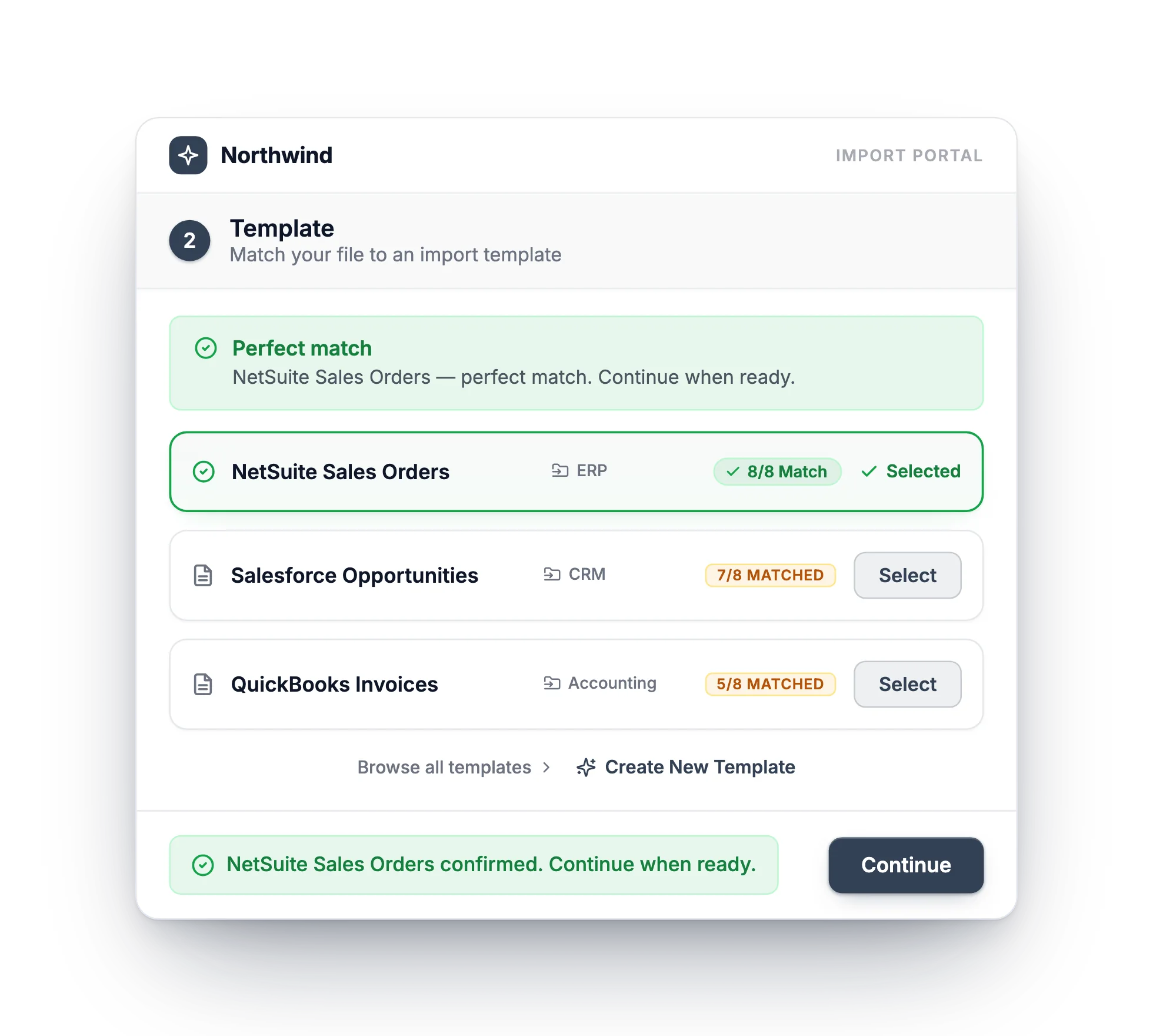 Import portal template step: the file is auto-matched to a NetSuite Sales Orders template