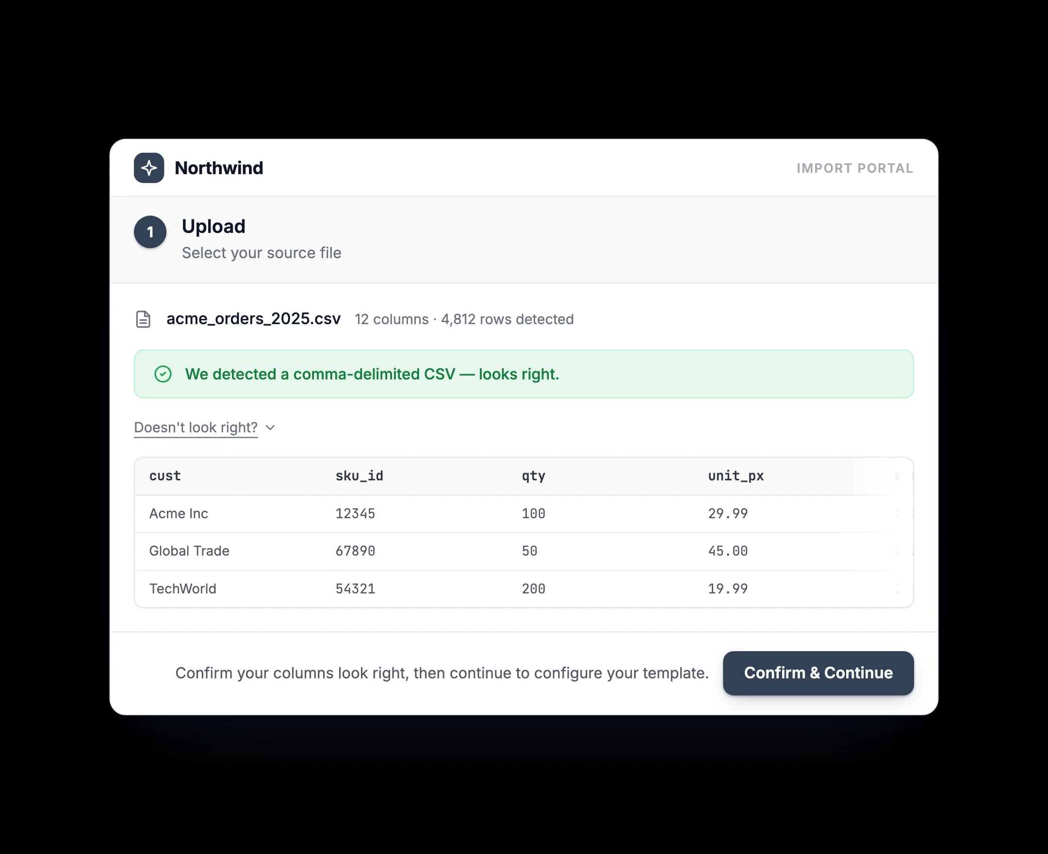 Import portal upload step: a CSV detected with a column preview