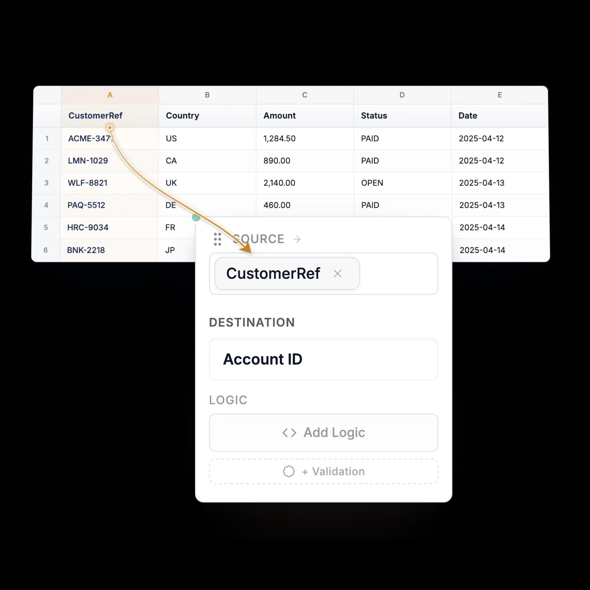 Mapping a source column to a destination field