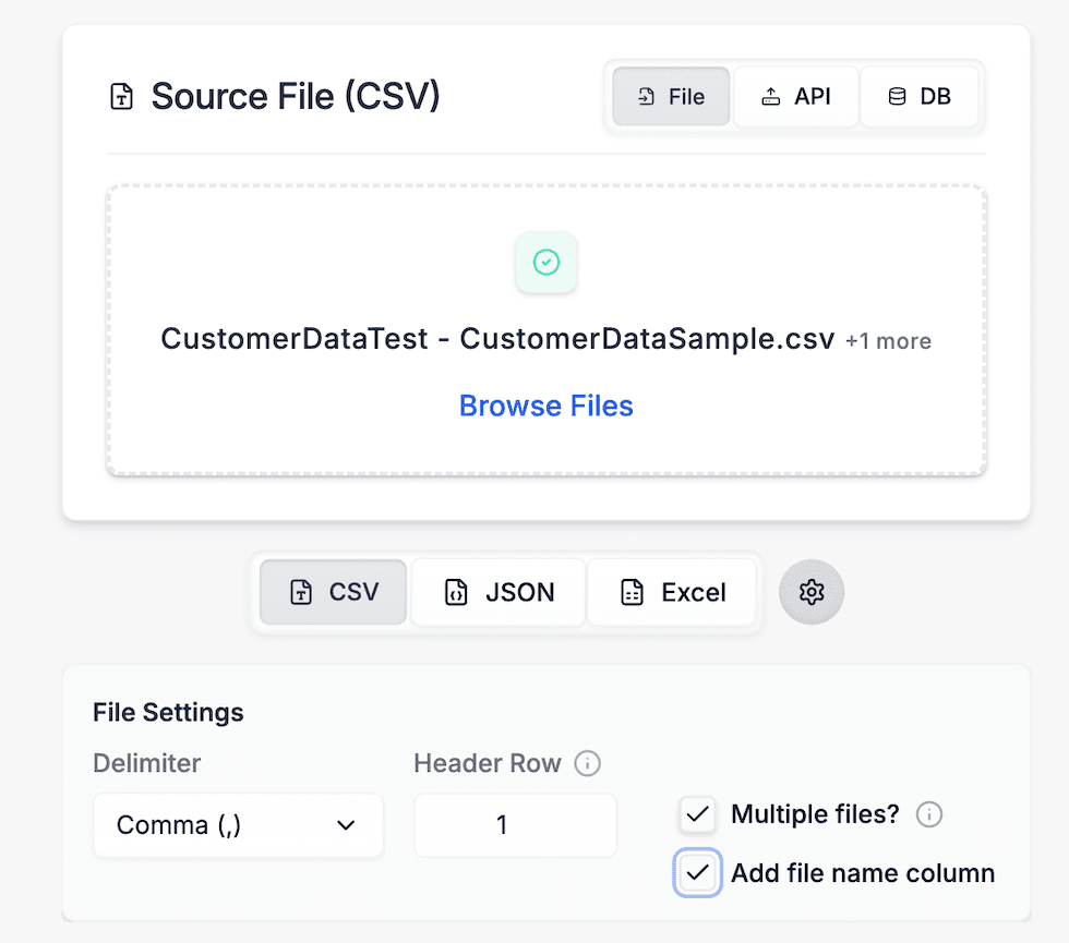 DataFlowMapper's file concatenation feature showing the 'Add file name as column' option