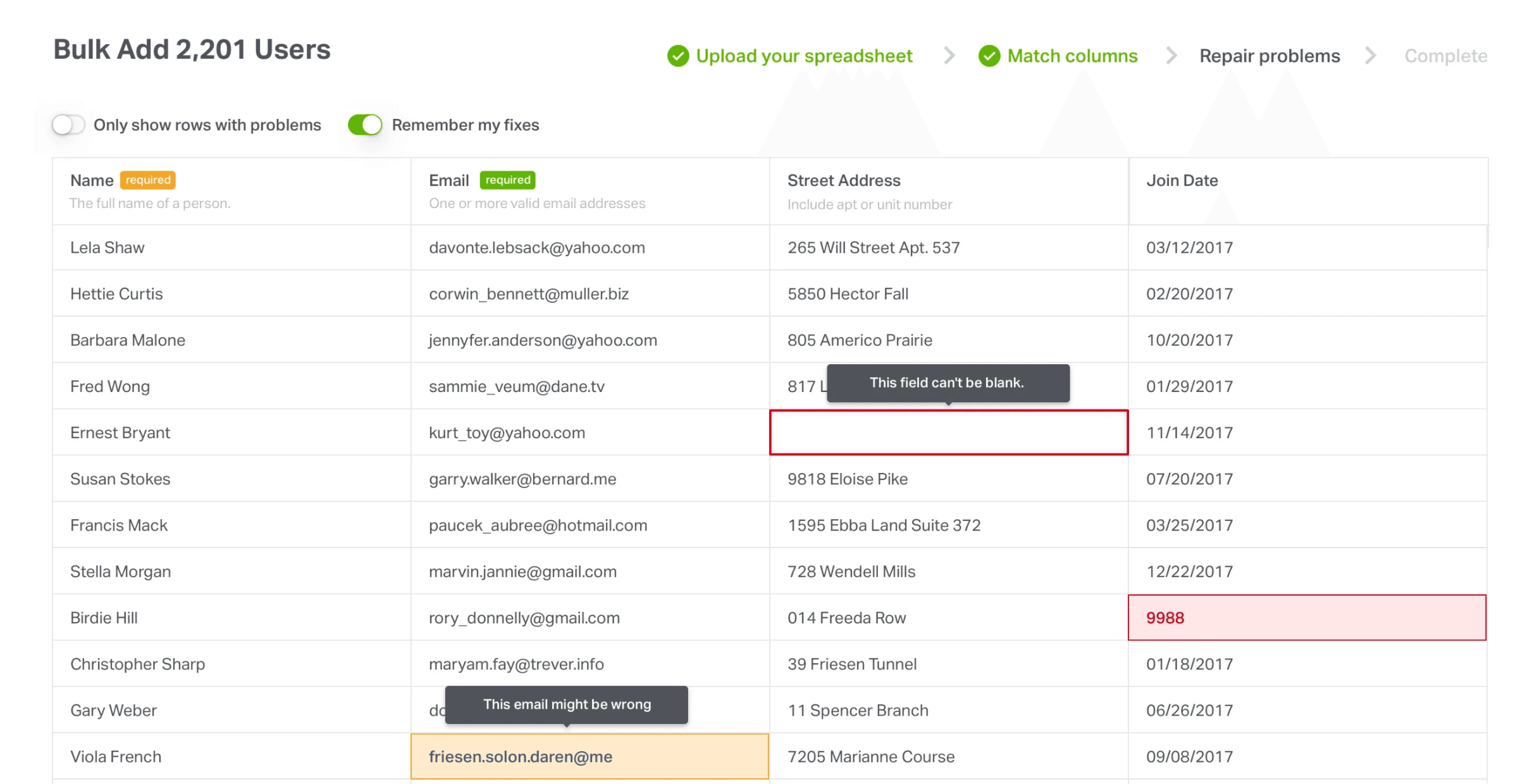 Data cleaner & csv importer interface