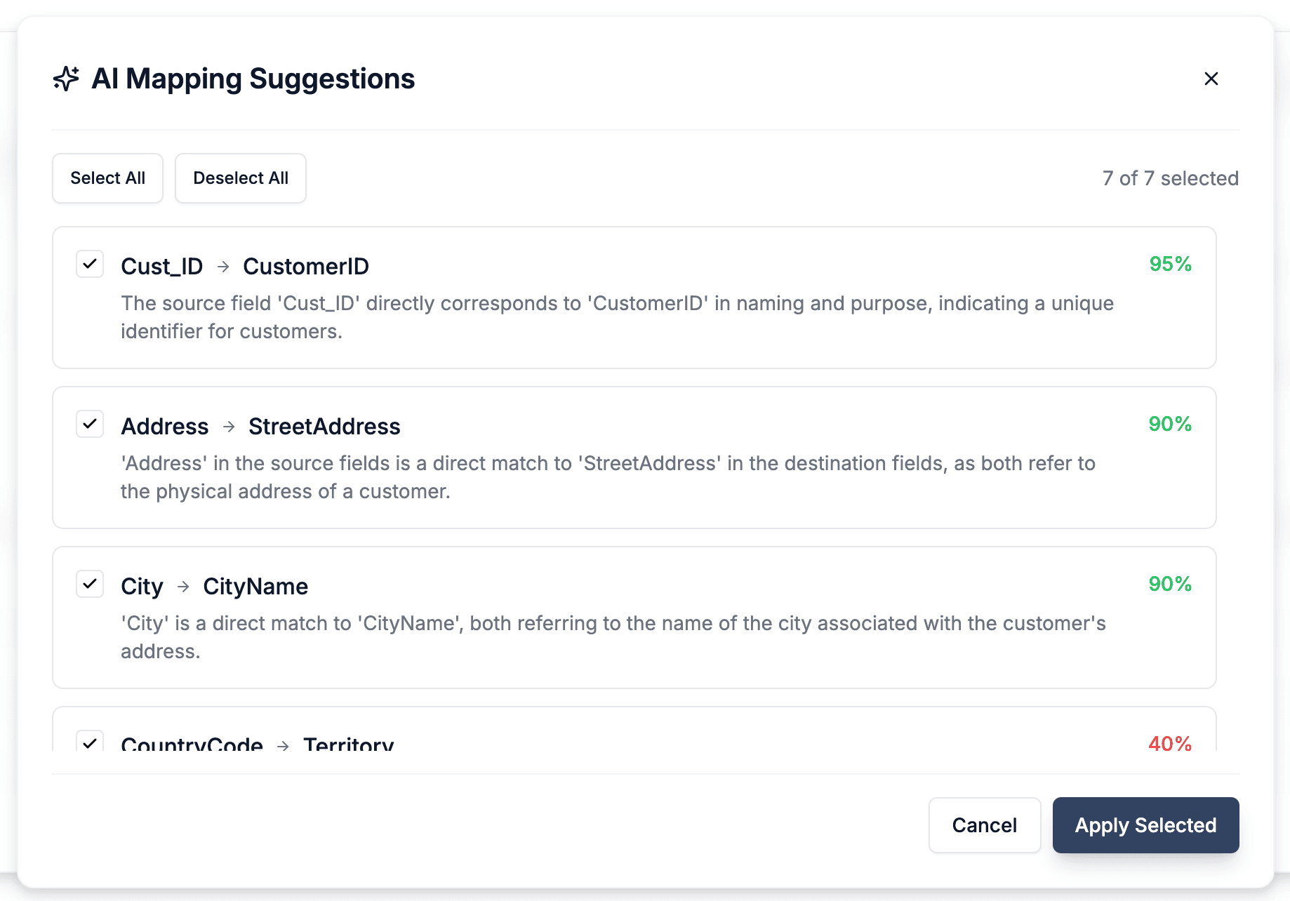 Screenshot showing the AI mapping suggestions interface