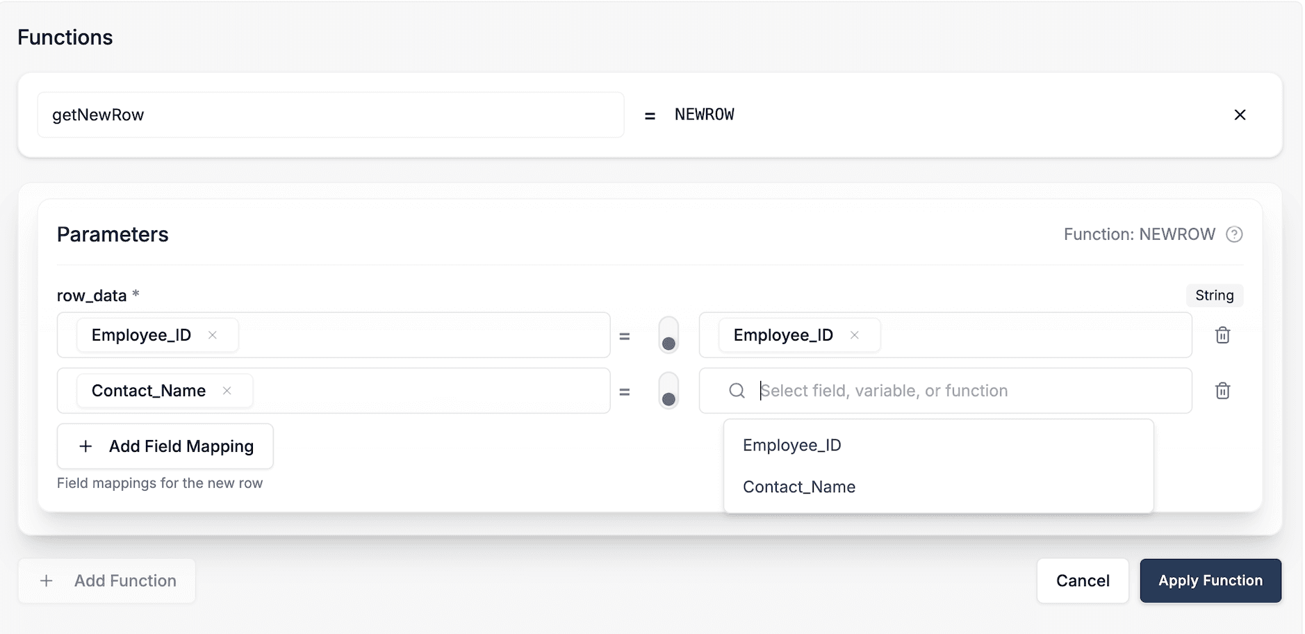 DataFlowMapper NewRow interface within the function library