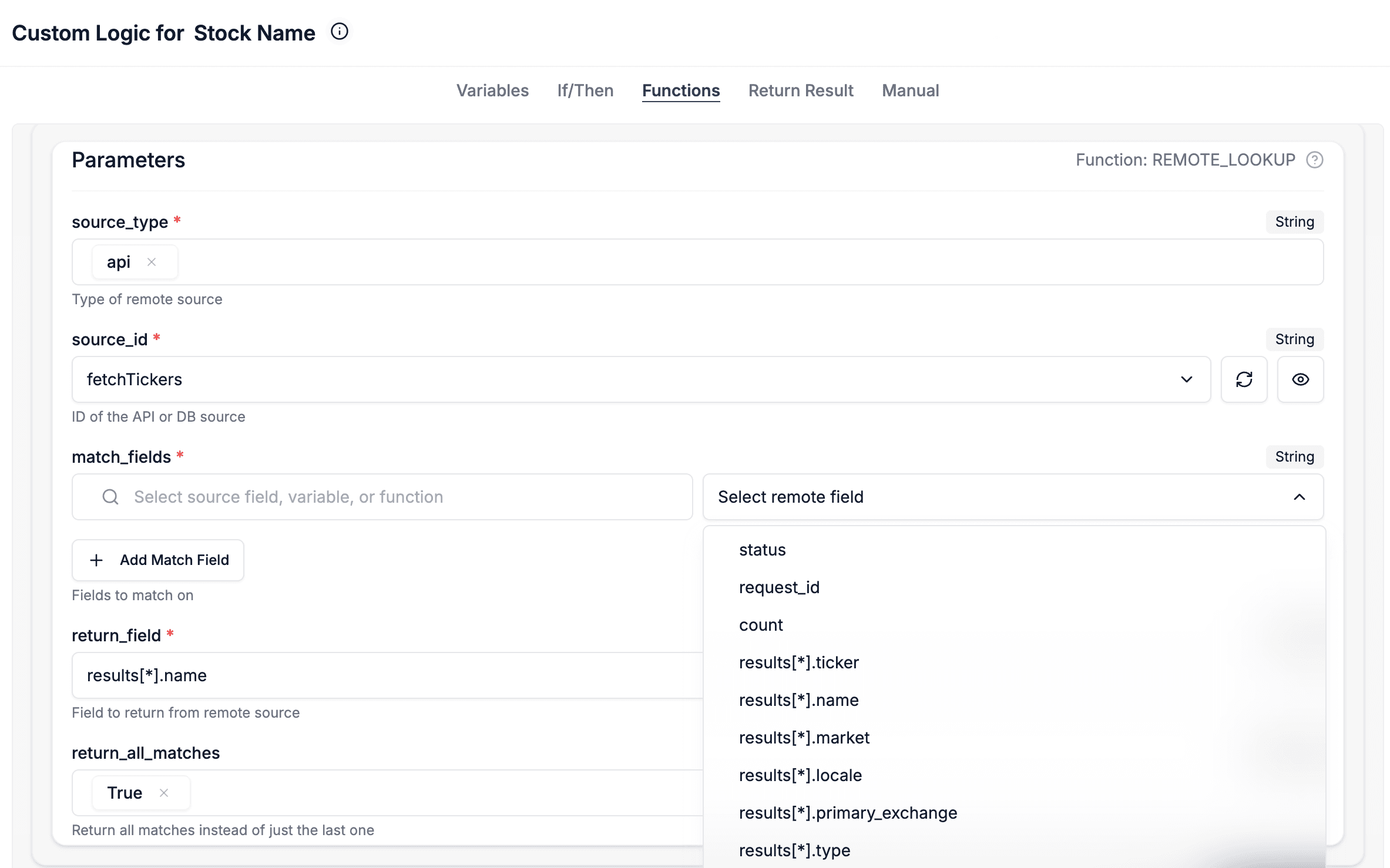 DataFlowMapper's logic builder configuring a RemoteLookup to lookup API data