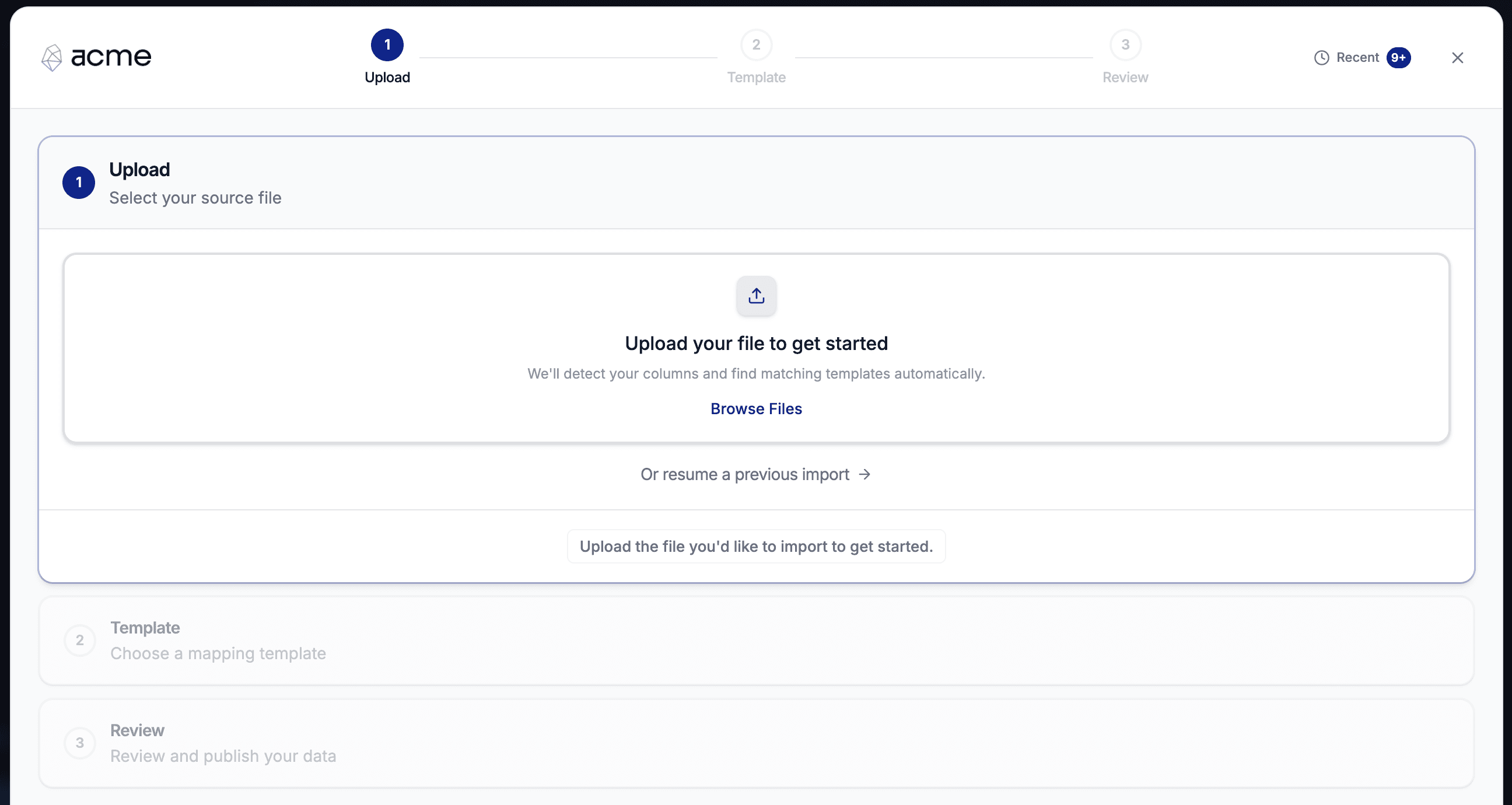 DataFlowMapper Portal showing a customer-facing upload step with admin-managed template selection and validation grid