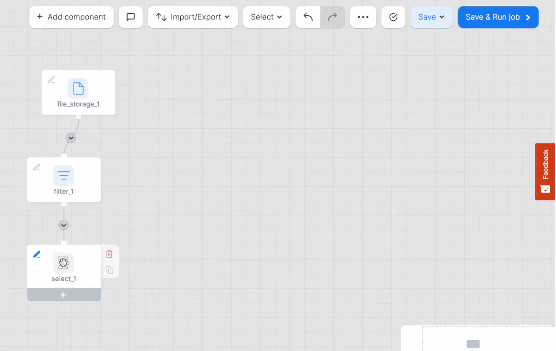 Integrate.io pipeline canvas showing source, transformation, and destination components wired together