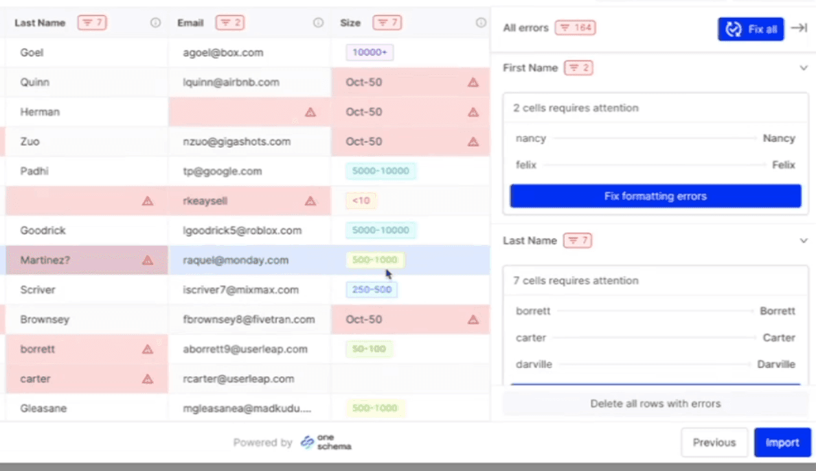 OneSchema embedded importer modal showing column mapping and inline error highlighting