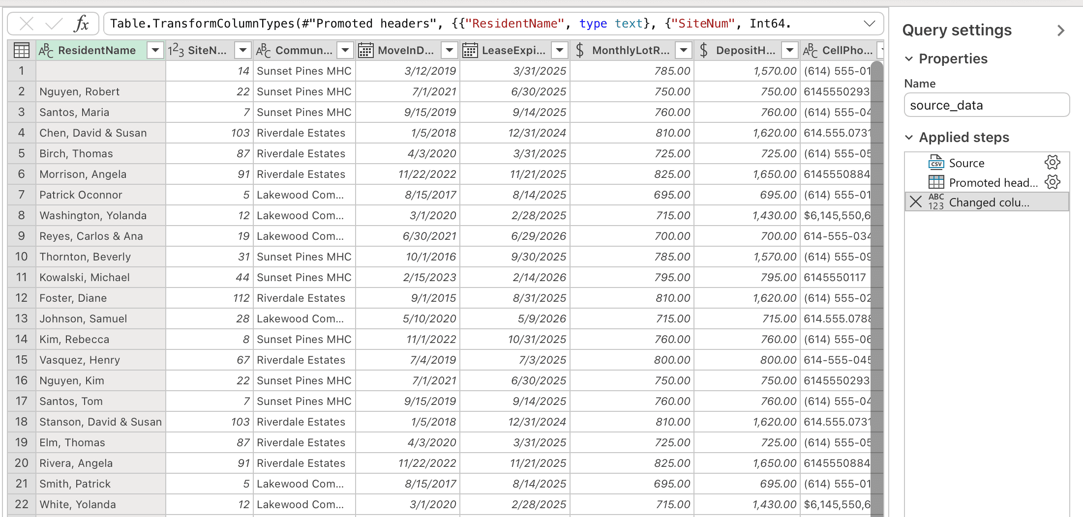 Power Query Editor inside Excel with the Applied Steps panel showing chained transformations