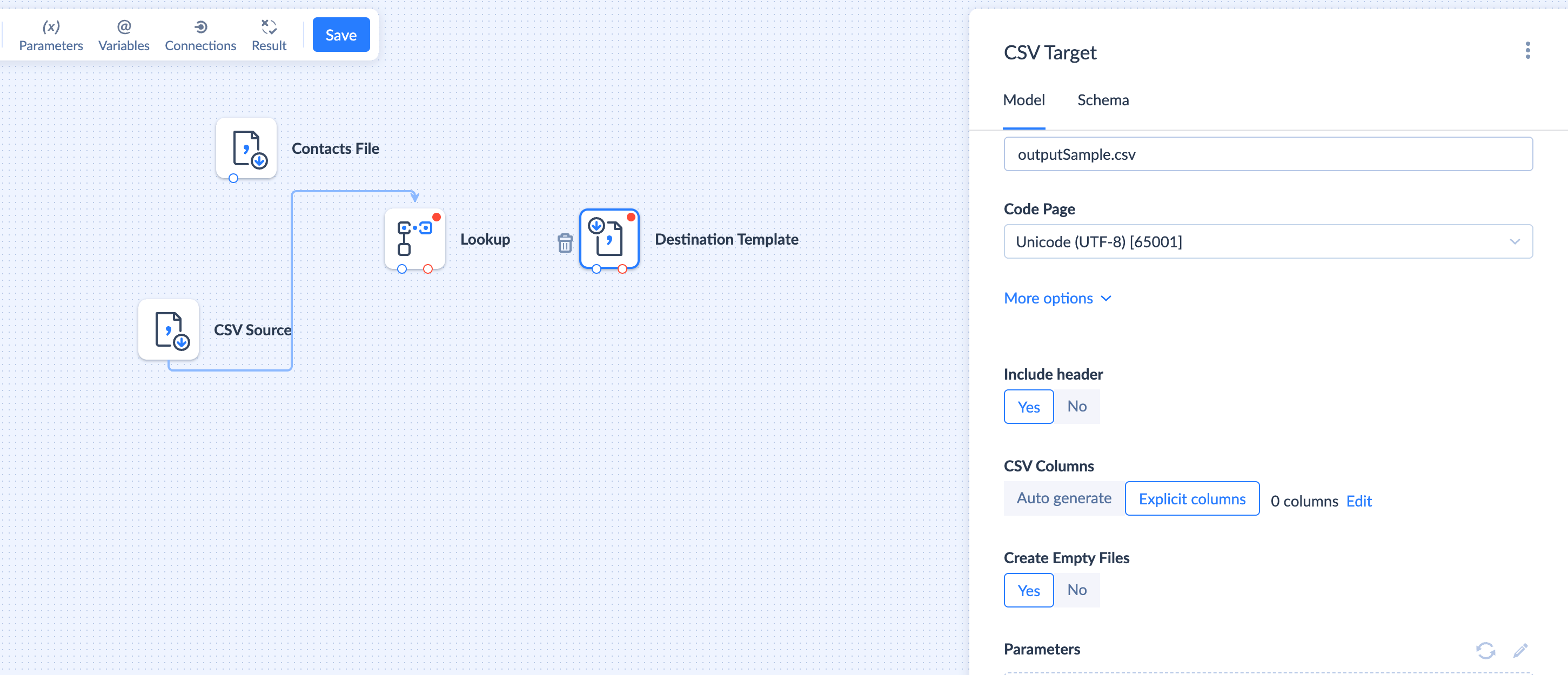 Skyvia workflow showing source CSV mapped to a target
