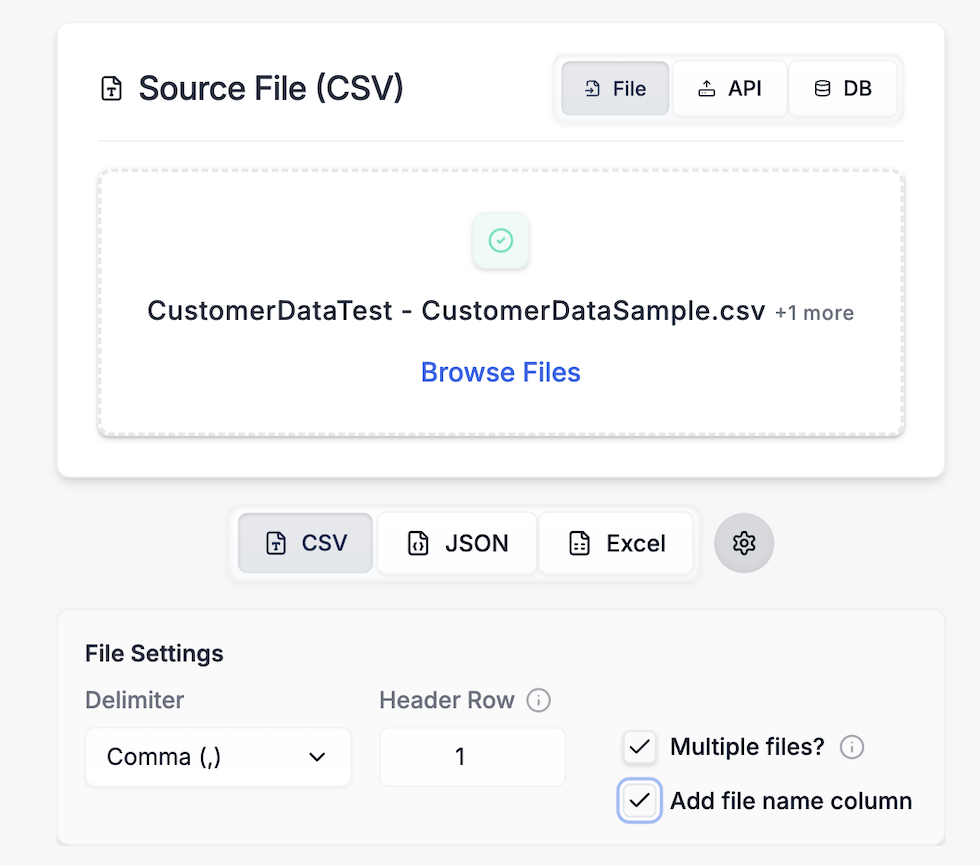 DataFlowMapper's file concatenation feature showing the 'Add file name as column' option