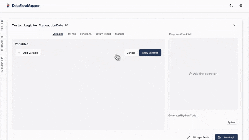 Gif showing an example of DataFlowMapper's logic builder creating a function to clean data