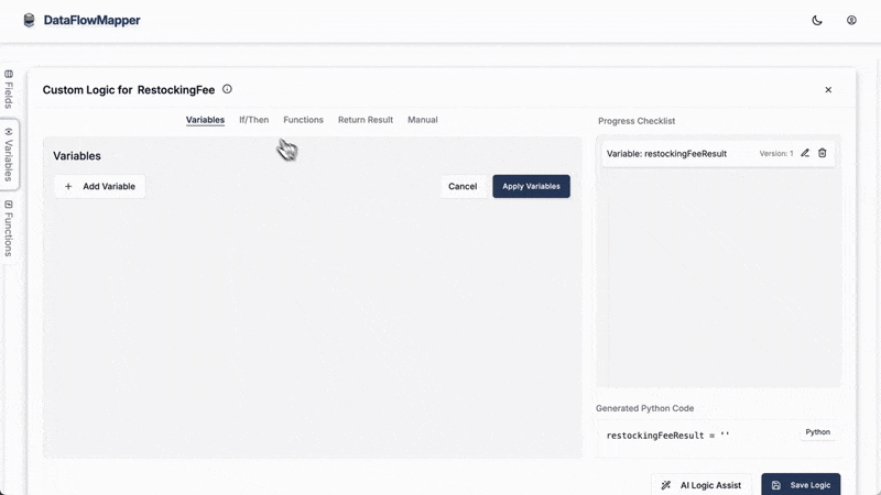 Gif showing an example of DataFlowMapper's logic builder creating conditional data transformation logic