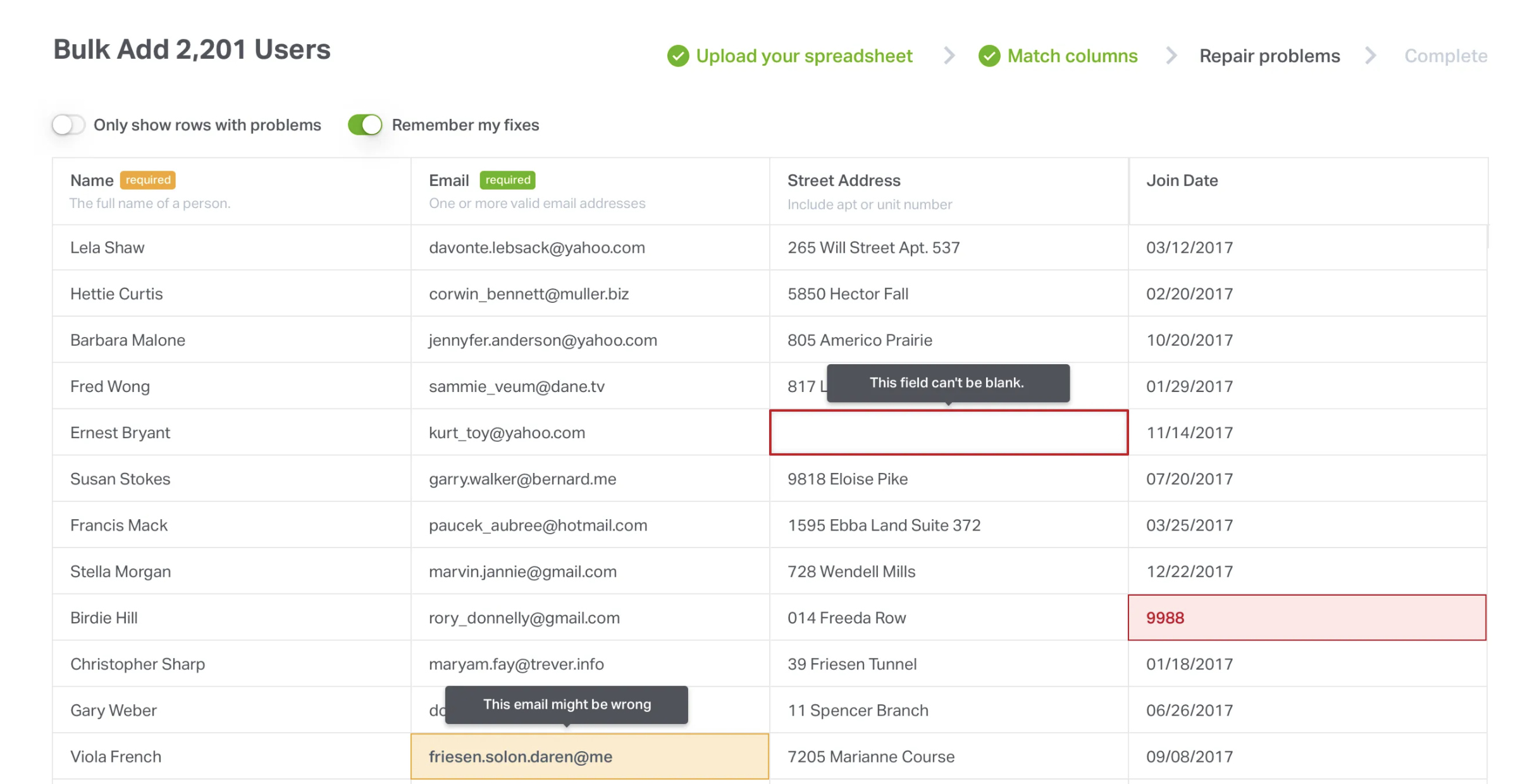 Data cleaner & csv importer interface