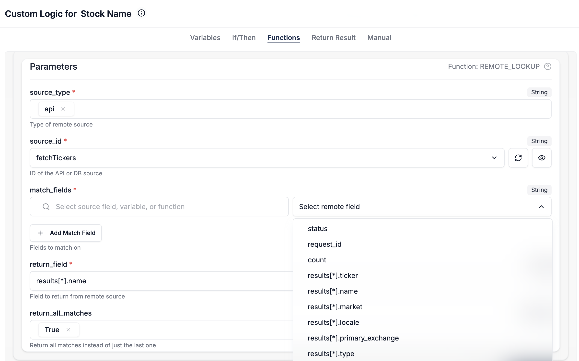 DataFlowMapper's logic builder configuring a RemoteLookup to lookup API data